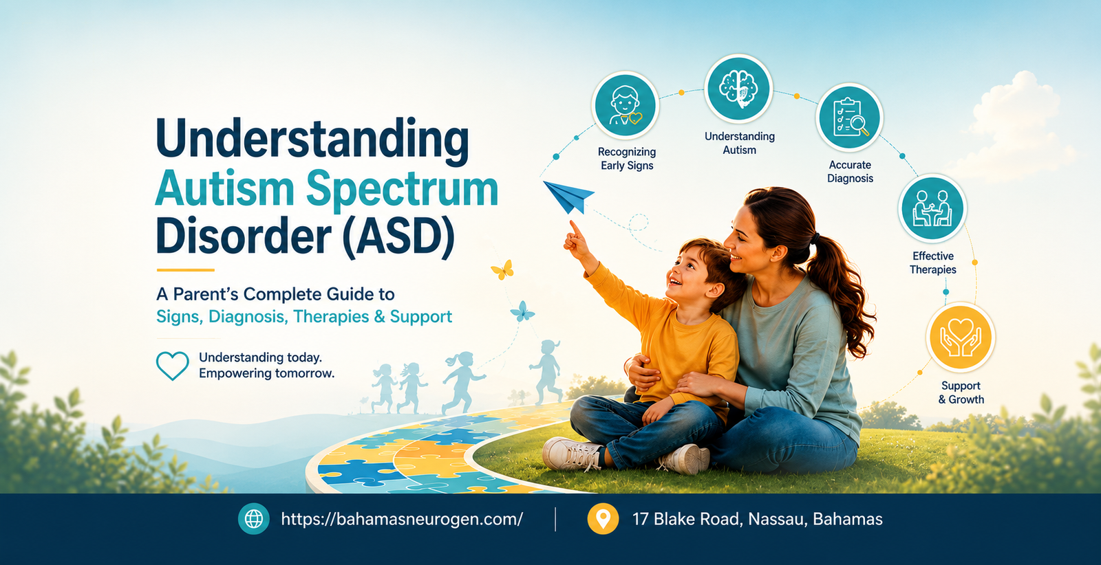 Mother and young son sitting together outdoors, the child smiling and pointing upward, illustrating a parent's guide to understanding autism spectrum disorder (ASD)