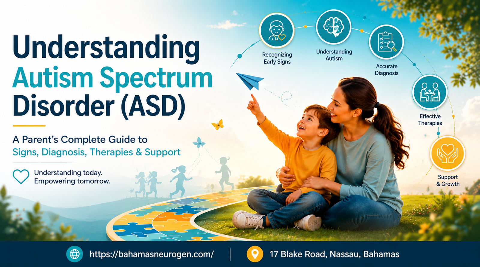 Mother and young son sitting together outdoors, the child smiling and pointing upward, illustrating a parent's guide to understanding autism spectrum disorder (ASD)